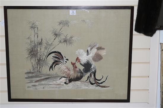 A Japanese embroidered silk picture of cockerels 64 x 82cm